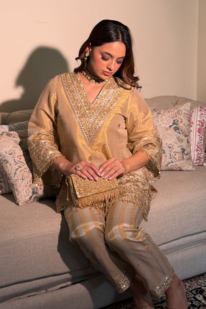 Gold-Silver Tissue Striped Embroidered Co-ord Set