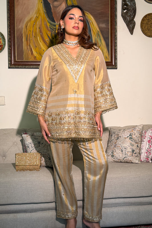Gold-Silver Tissue Striped Embroidered Co-ord Set