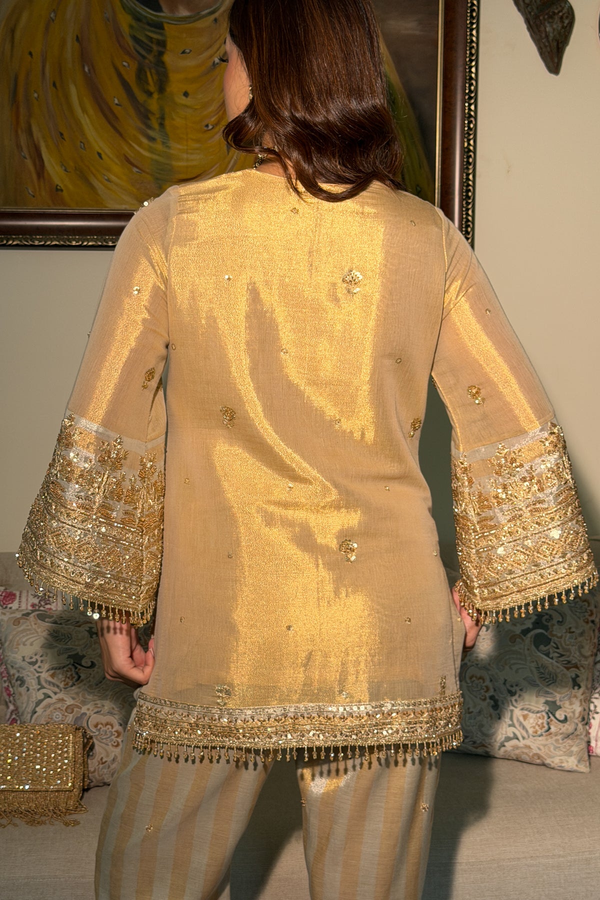 Gold-Silver Tissue Striped Embroidered Co-ord Set