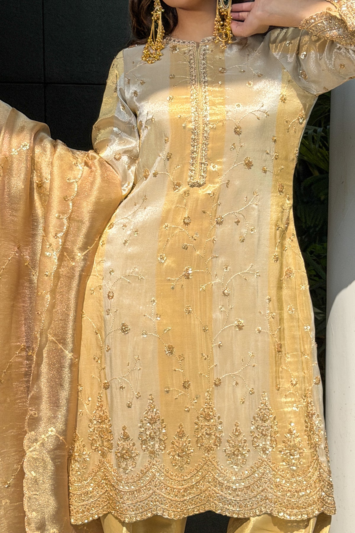 Silver-Gold Striped Embroidered Tissue Kurta Set