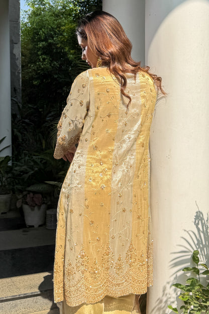 Silver-Gold Striped Embroidered Tissue Kurta Set