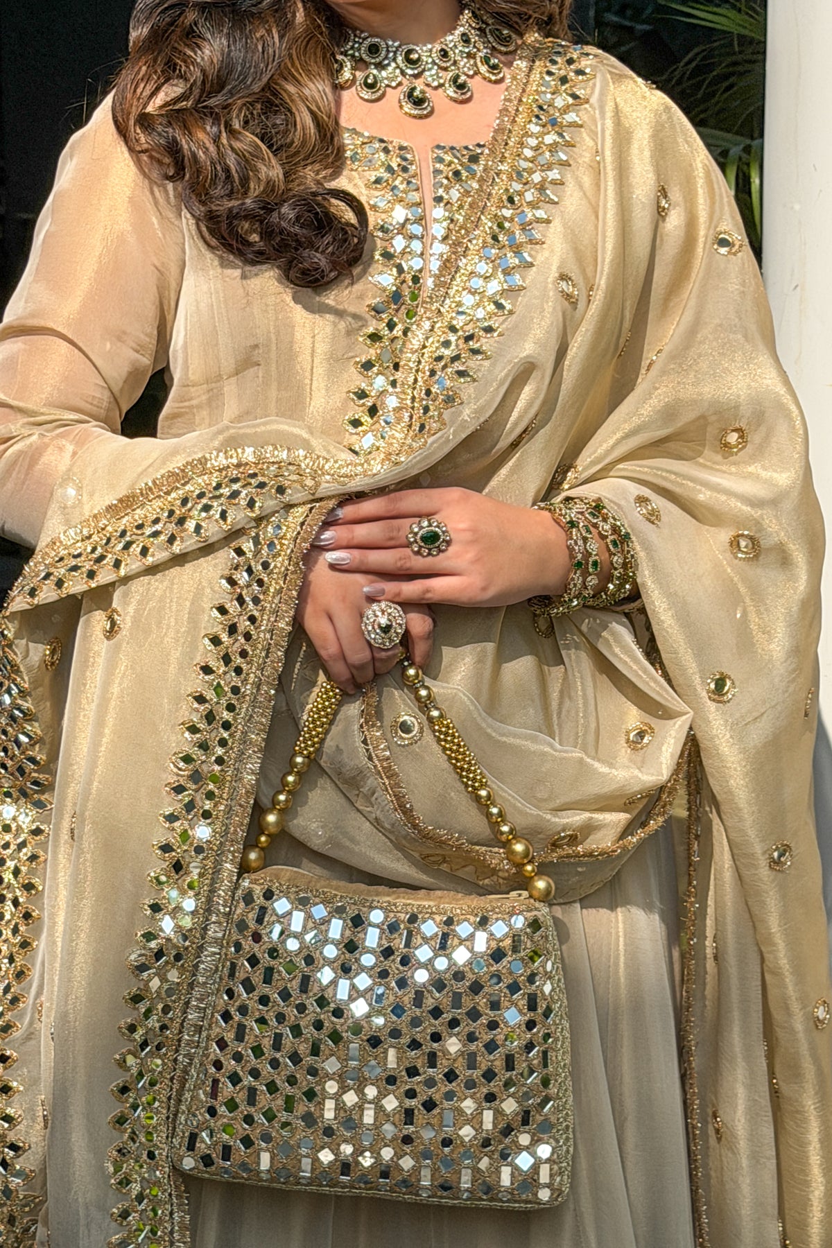 Mirror Embellished Gold Tissue Anarkali