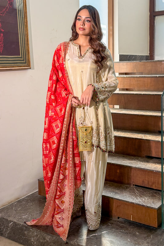 Ivory Kundan Embroidered Short Anarkali and Farshi Set