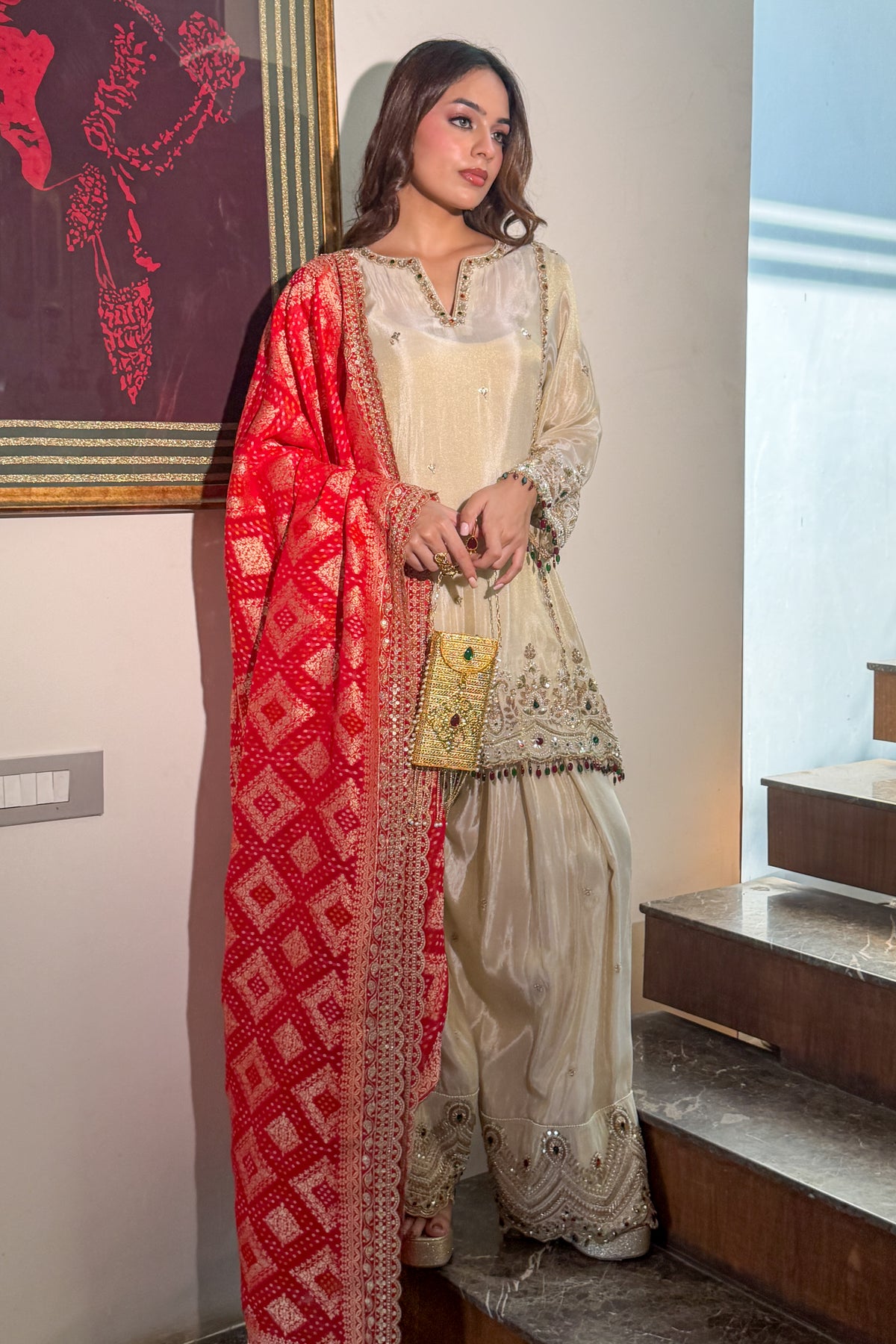 Ivory Kundan Embroidered Short Anarkali and Farshi Set