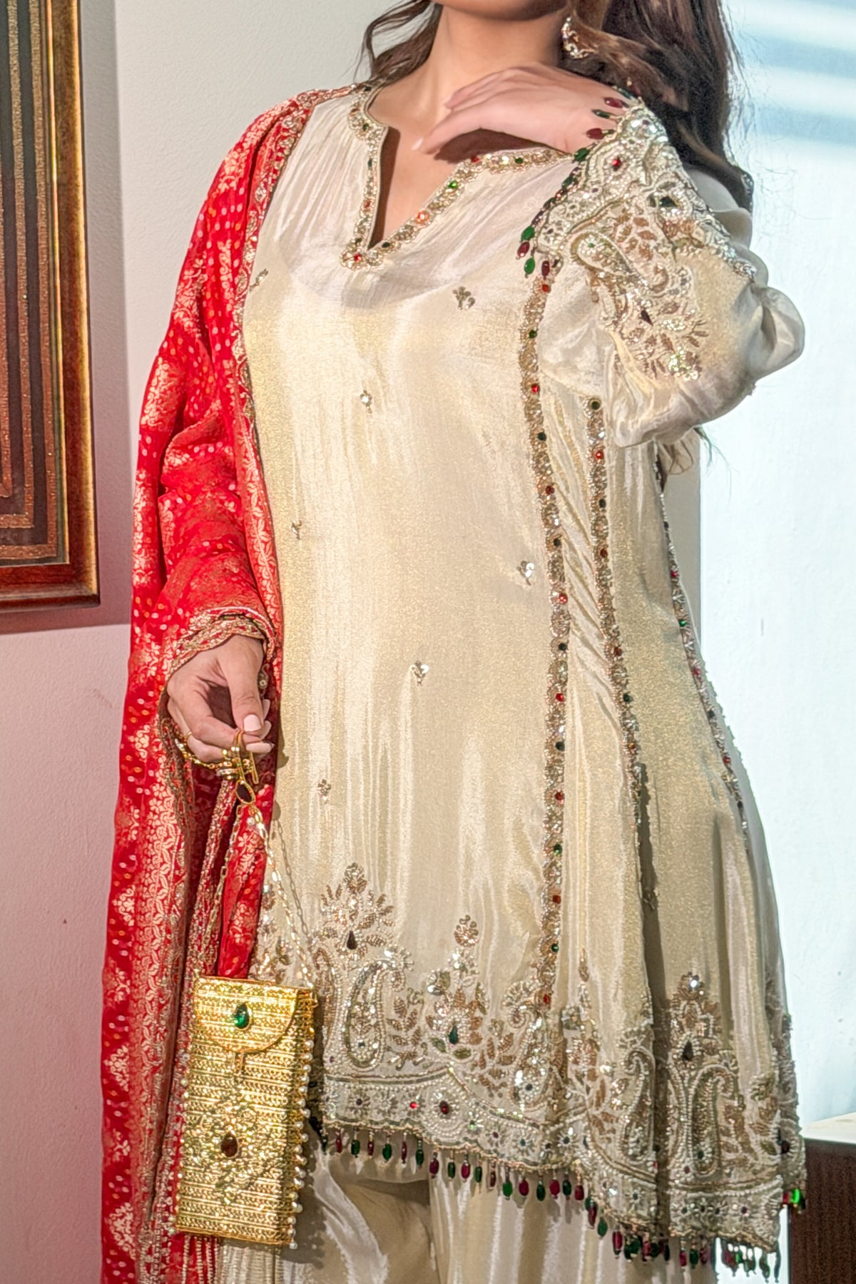 Ivory Kundan Embroidered Short Anarkali and Farshi Set