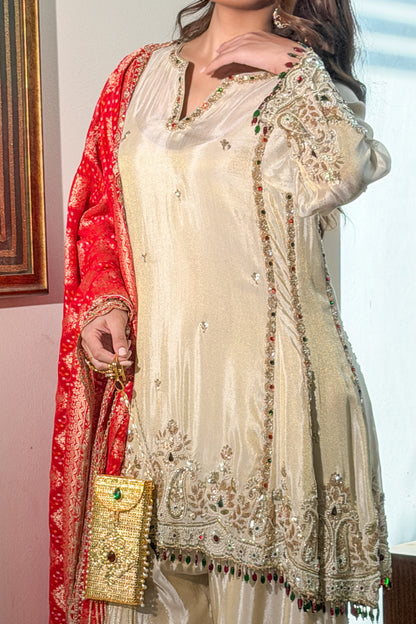 Ivory Kundan Embroidered Short Anarkali and Farshi Set