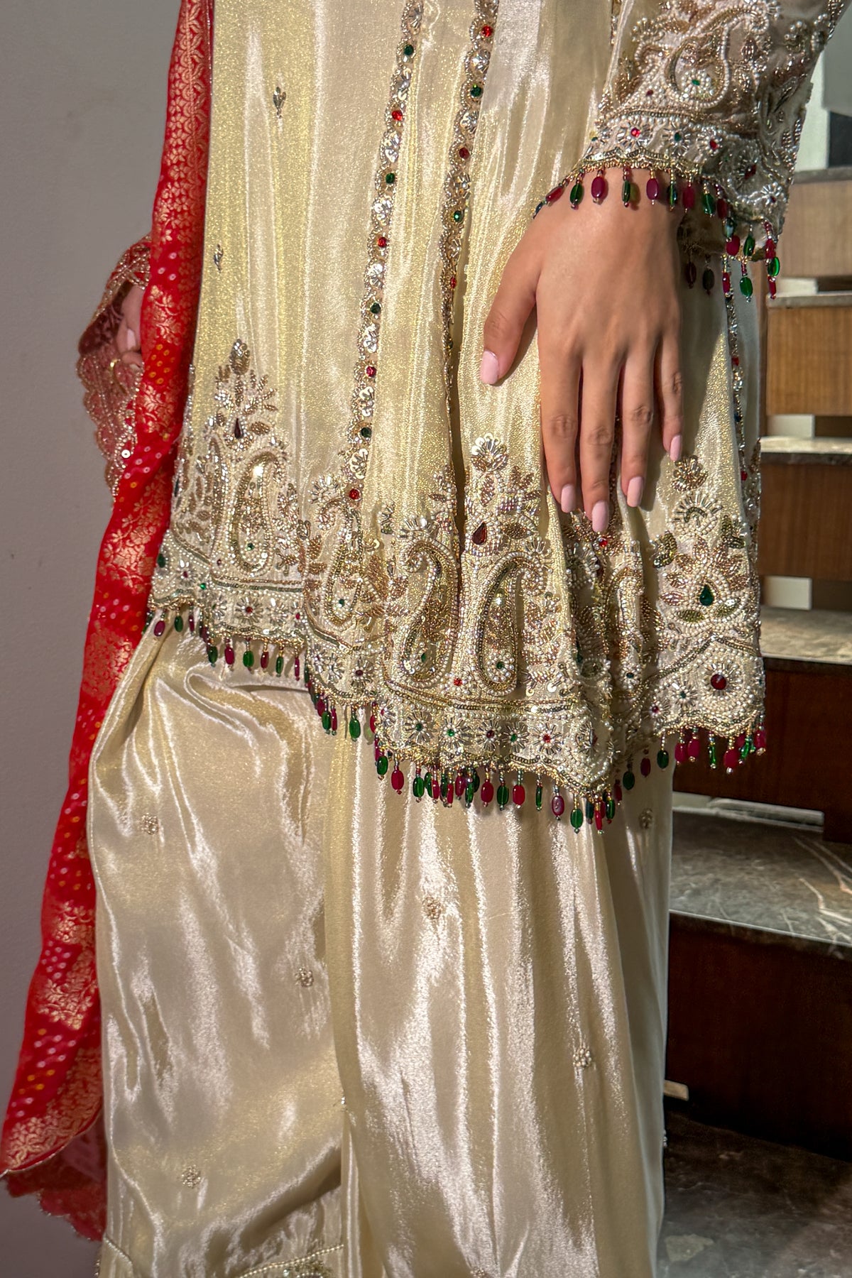 Ivory Kundan Embroidered Short Anarkali and Farshi Set