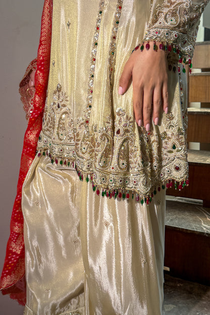 Ivory Kundan Embroidered Short Anarkali and Farshi Set