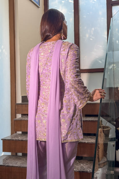 Lilac Embroidered Kurti and Bell Bottom Set