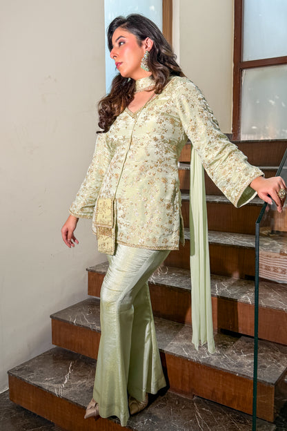 Mint Embroidered Kurti and Bell Bottom Set