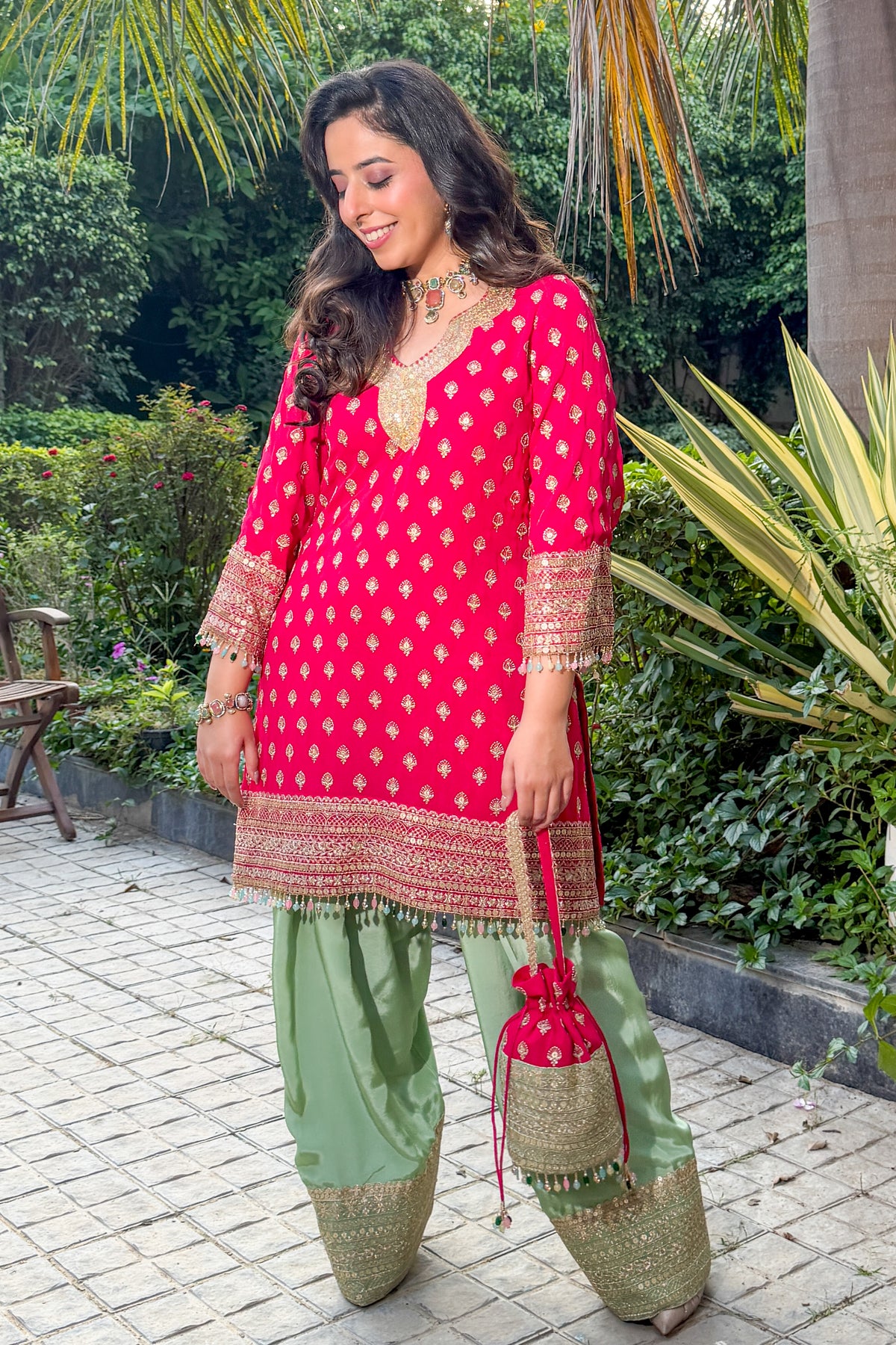 Fuschia Pink and Pistachio Green Embroidered Farshi Set