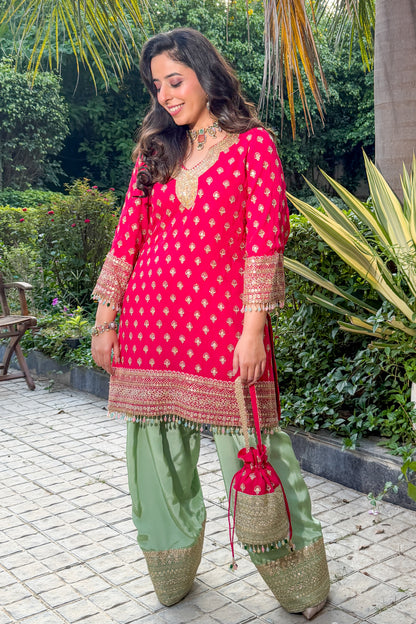 Fuschia Pink and Pistachio Green Embroidered Farshi Set