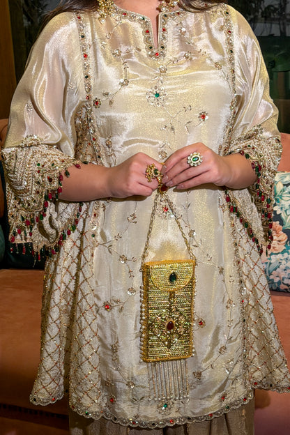 Ivory and Gold Kundan Embroidered Short Anarkali and Farshi Set