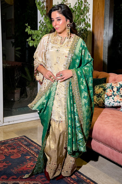 Ivory and Gold Kundan Embroidered Short Anarkali and Farshi Set
