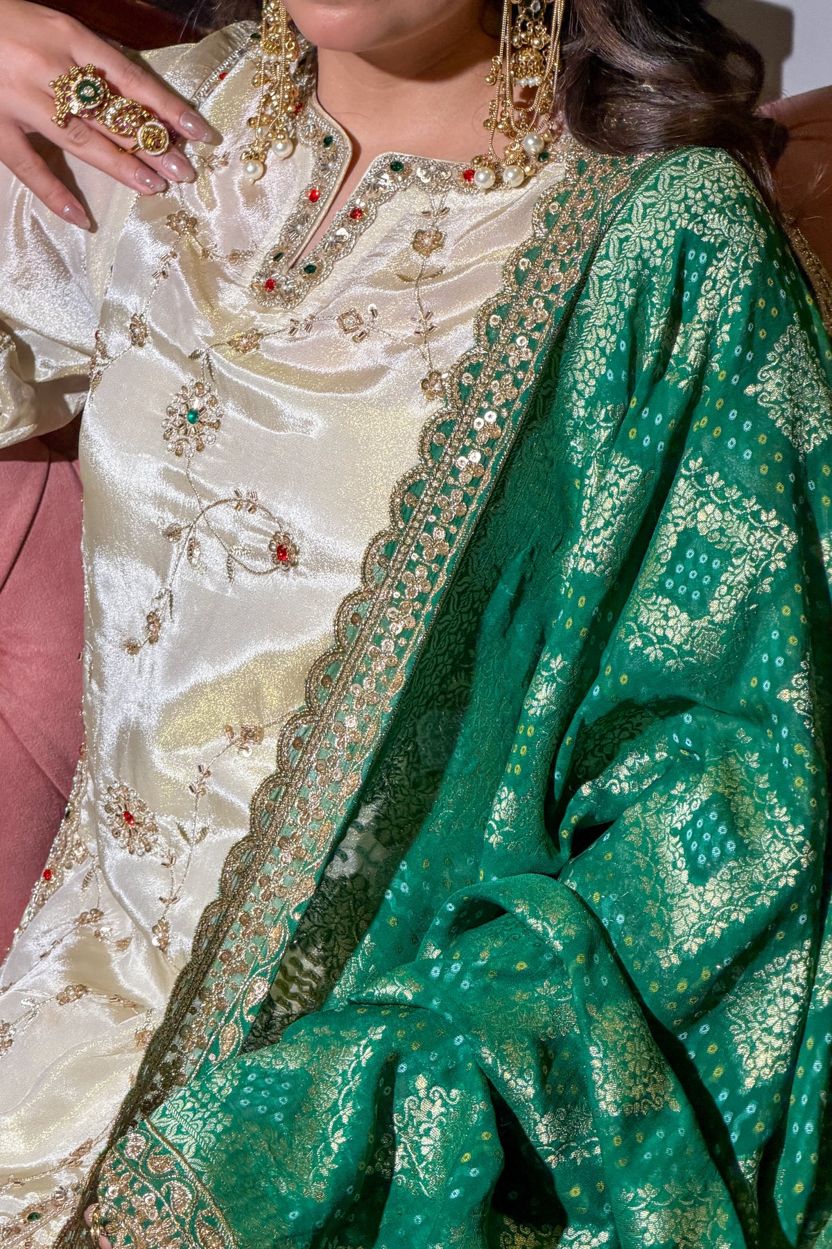 Ivory and Gold Kundan Embroidered Short Anarkali and Farshi Set
