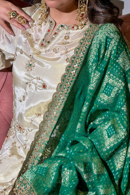 Ivory and Gold Kundan Embroidered Short Anarkali and Farshi Set