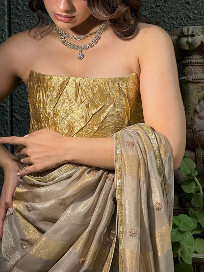 Grey and Gold Striped Saree with Gold Foil Corset