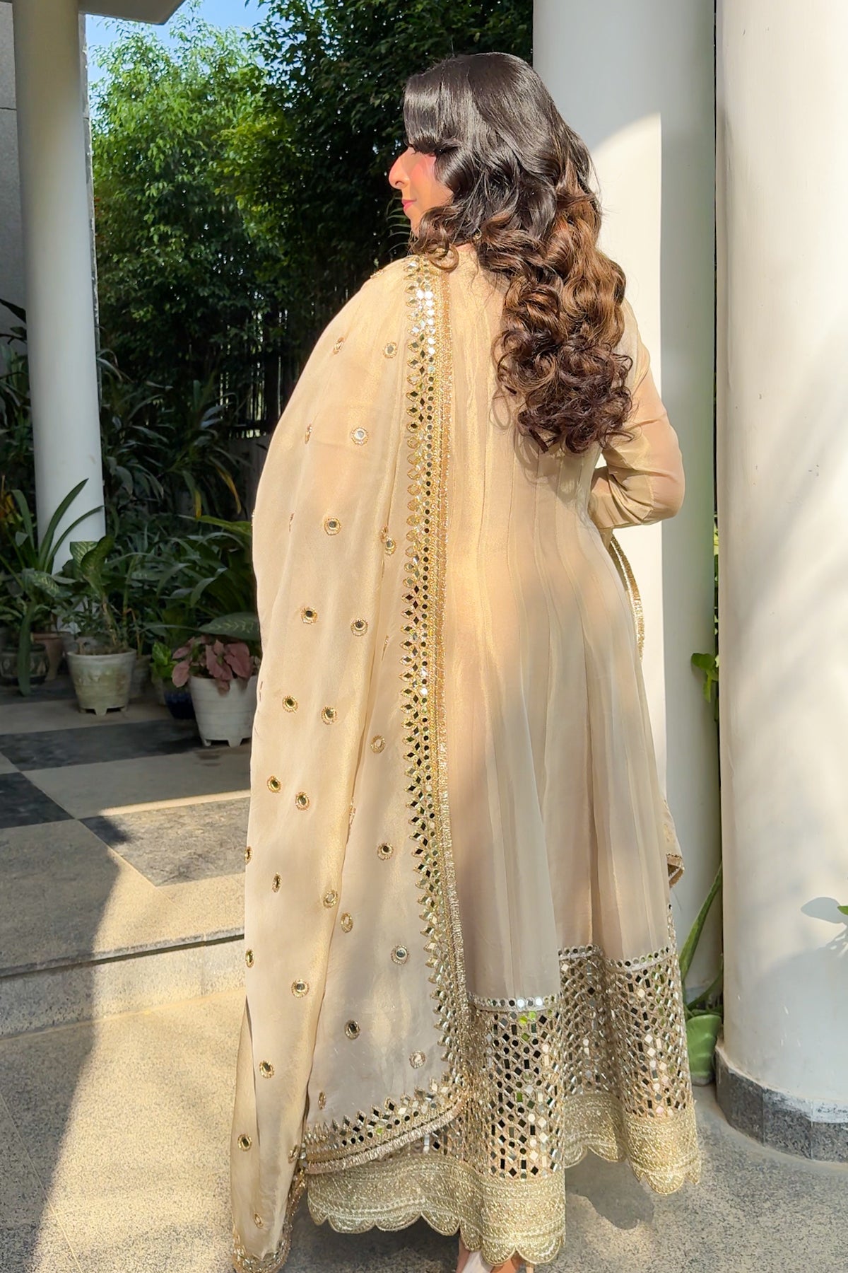 Mirror Embellished Gold Tissue Anarkali
