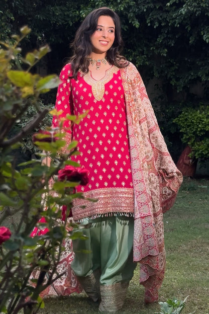 Fuschia Pink and Pistachio Green Embroidered Farshi Set