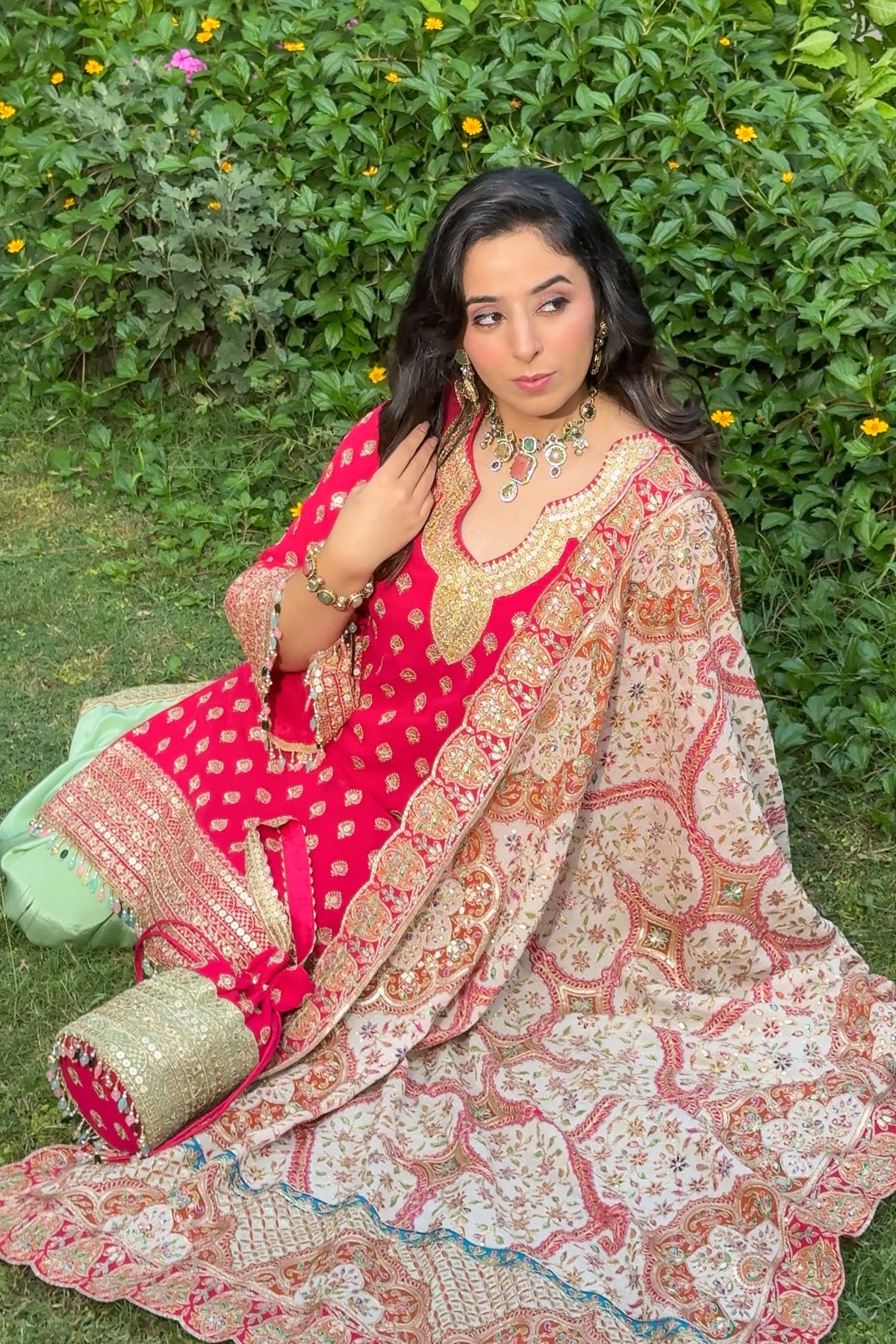 Fuschia Pink and Pistachio Green Embroidered Farshi Set