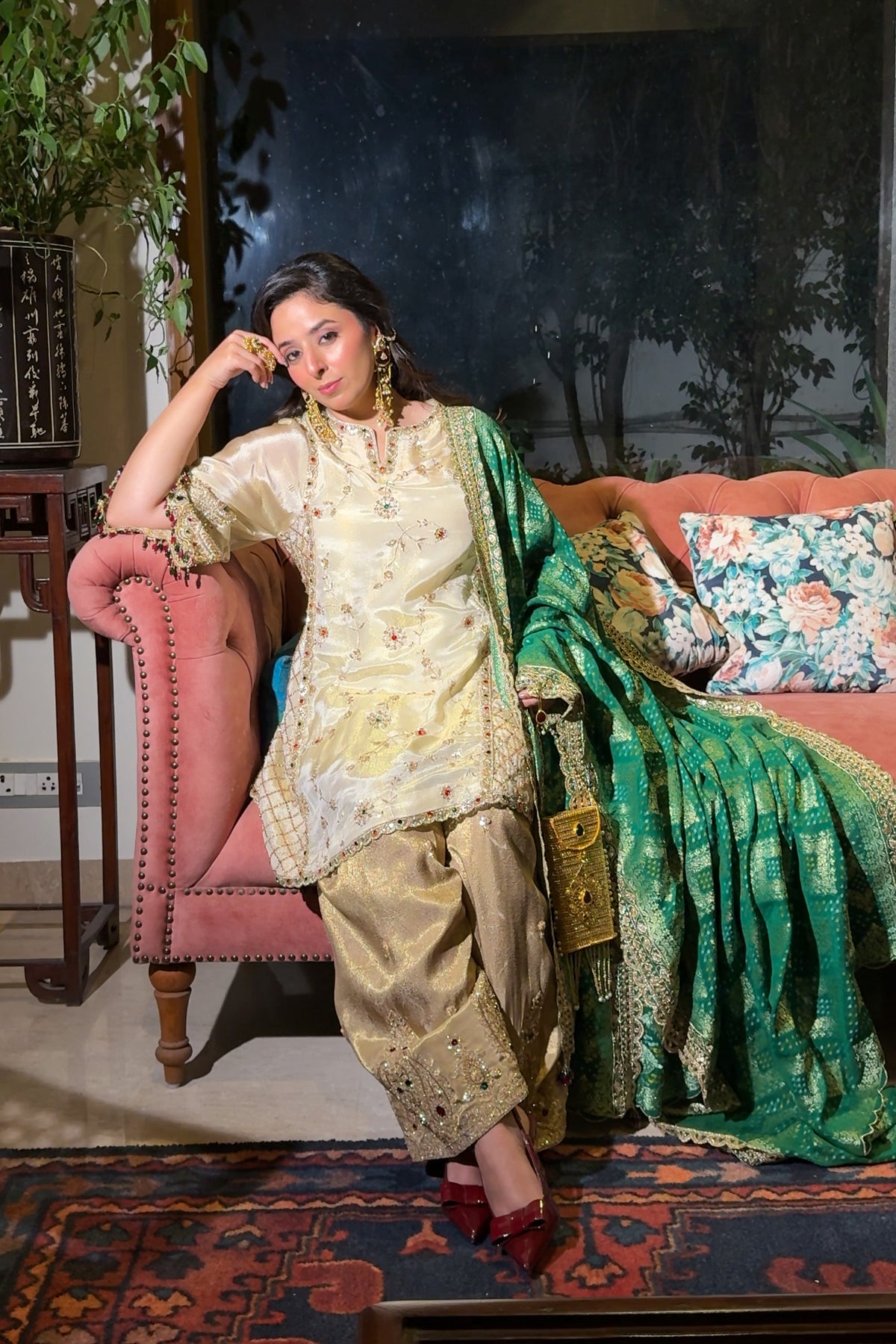 Ivory and Gold Kundan Embroidered Short Anarkali and Farshi Set