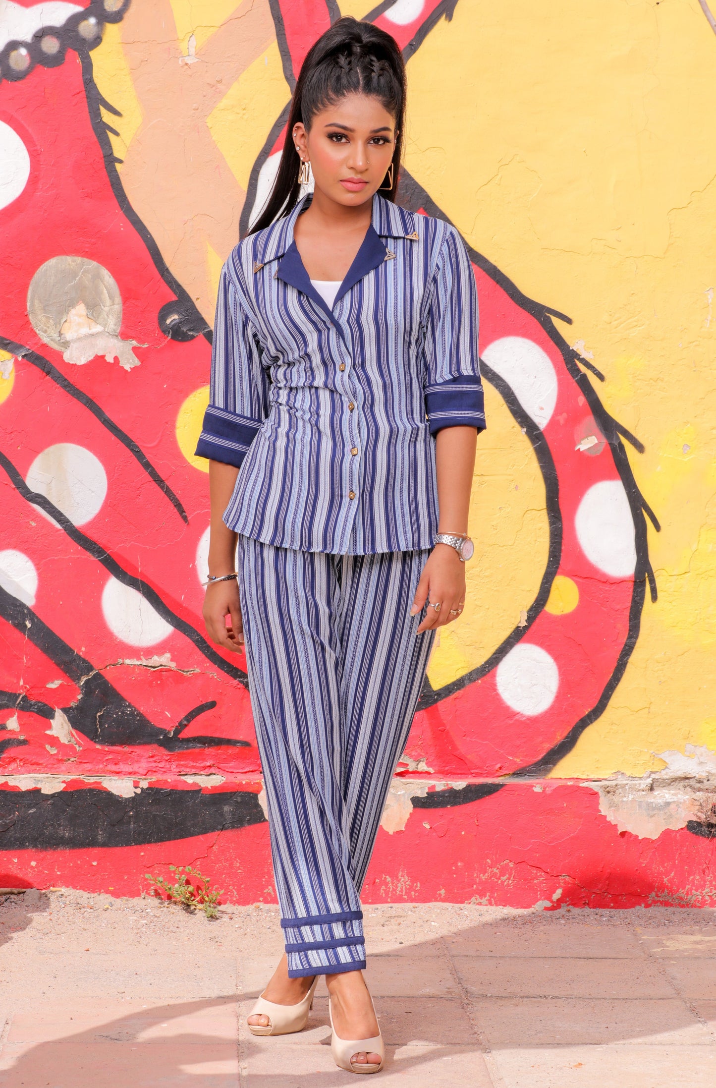 Blue and White Striped Belted Co-rd Set