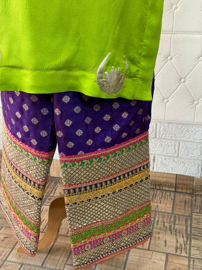 Neon Green Chinon Kurta with Purple Banarasi Brocade Pants