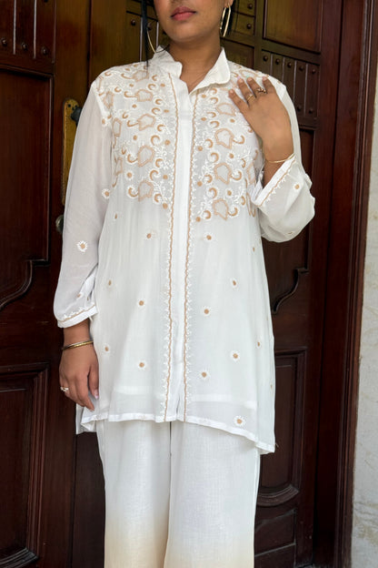 White Chikankari Beige-White Embroidered Co-ord Set with Ombre Pants