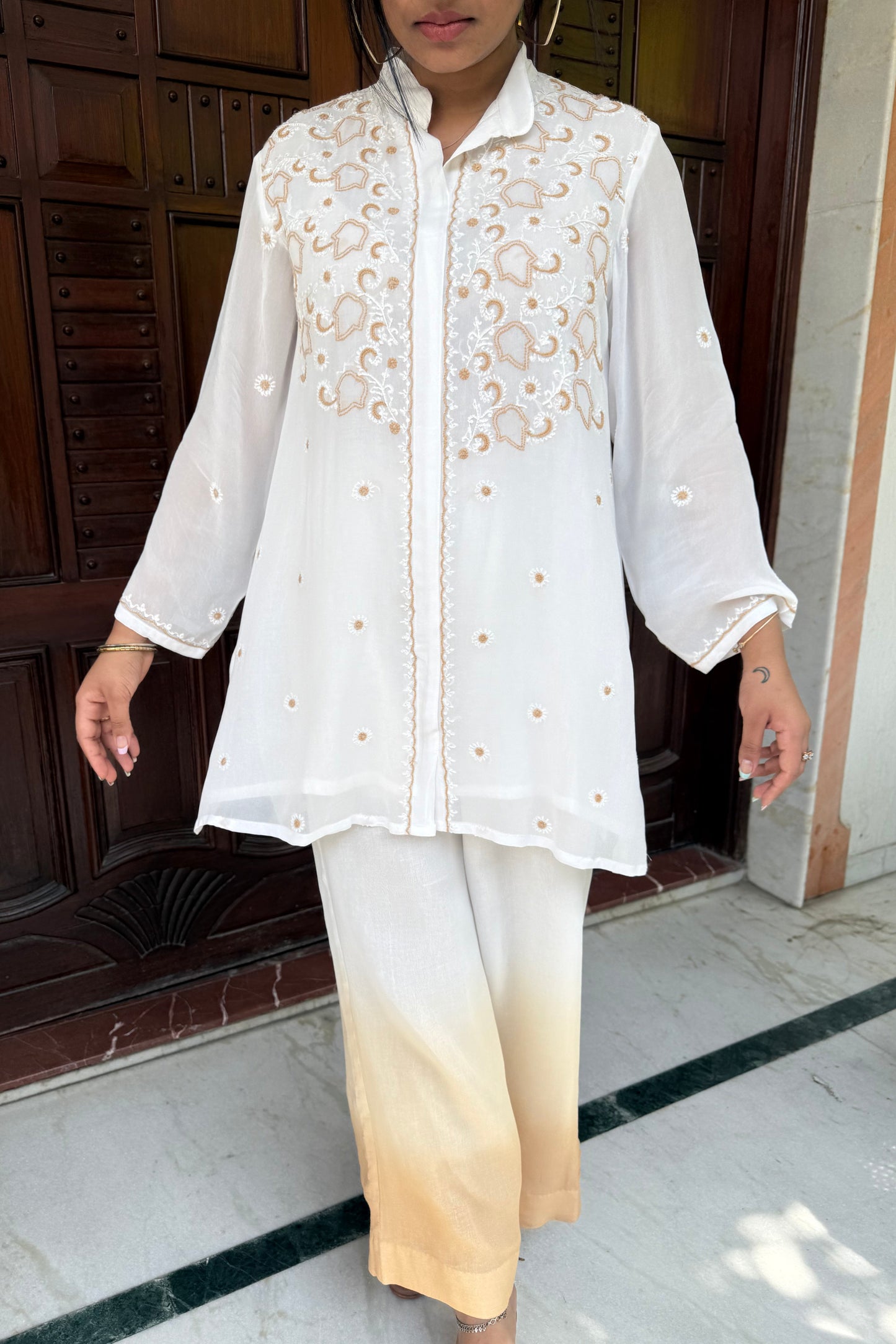 White Chikankari Beige-White Embroidered Co-ord Set with Ombre Pants