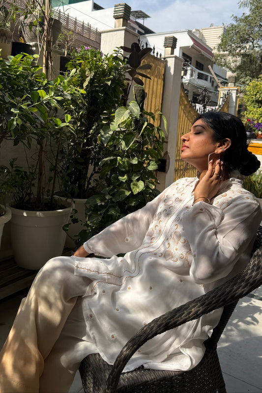 White Chikankari Beige-White Embroidered Co-ord Set with Ombre Pants