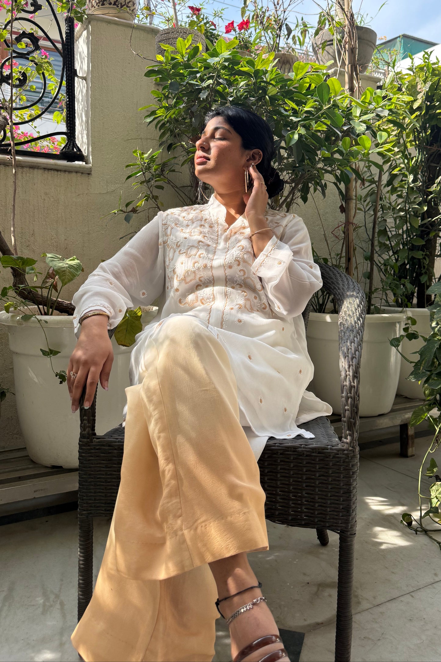 White Chikankari Beige-White Embroidered Co-ord Set with Ombre Pants