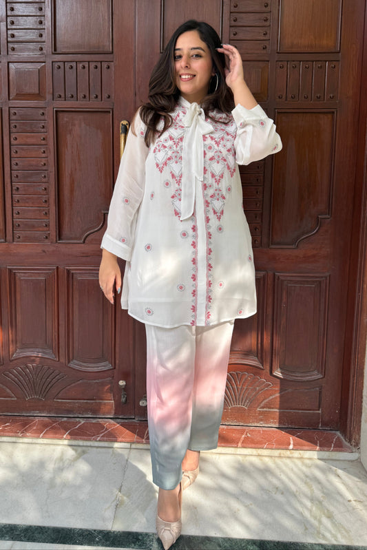 White Chikankari Bow Tie Up Co-ord Set with Ombre Pants