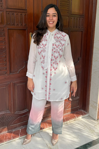 White Chikankari Bow Tie Up Co-ord Set with Ombre Pants