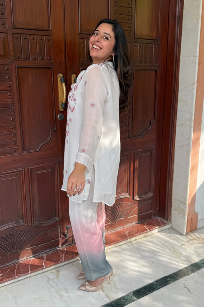 White Chikankari Bow Tie Up Co-ord Set with Ombre Pants