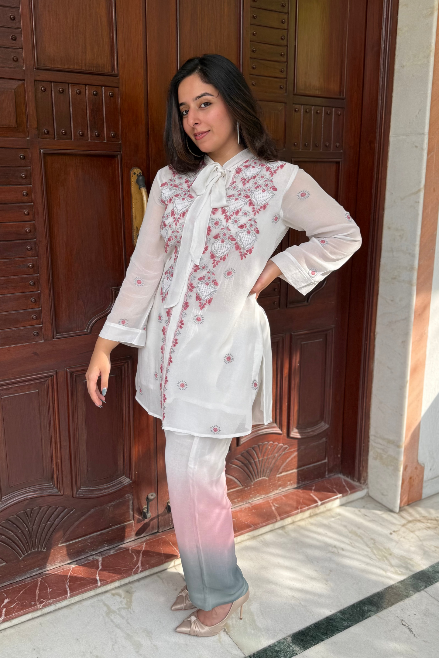 White Chikankari Bow Tie Up Co-ord Set with Ombre Pants