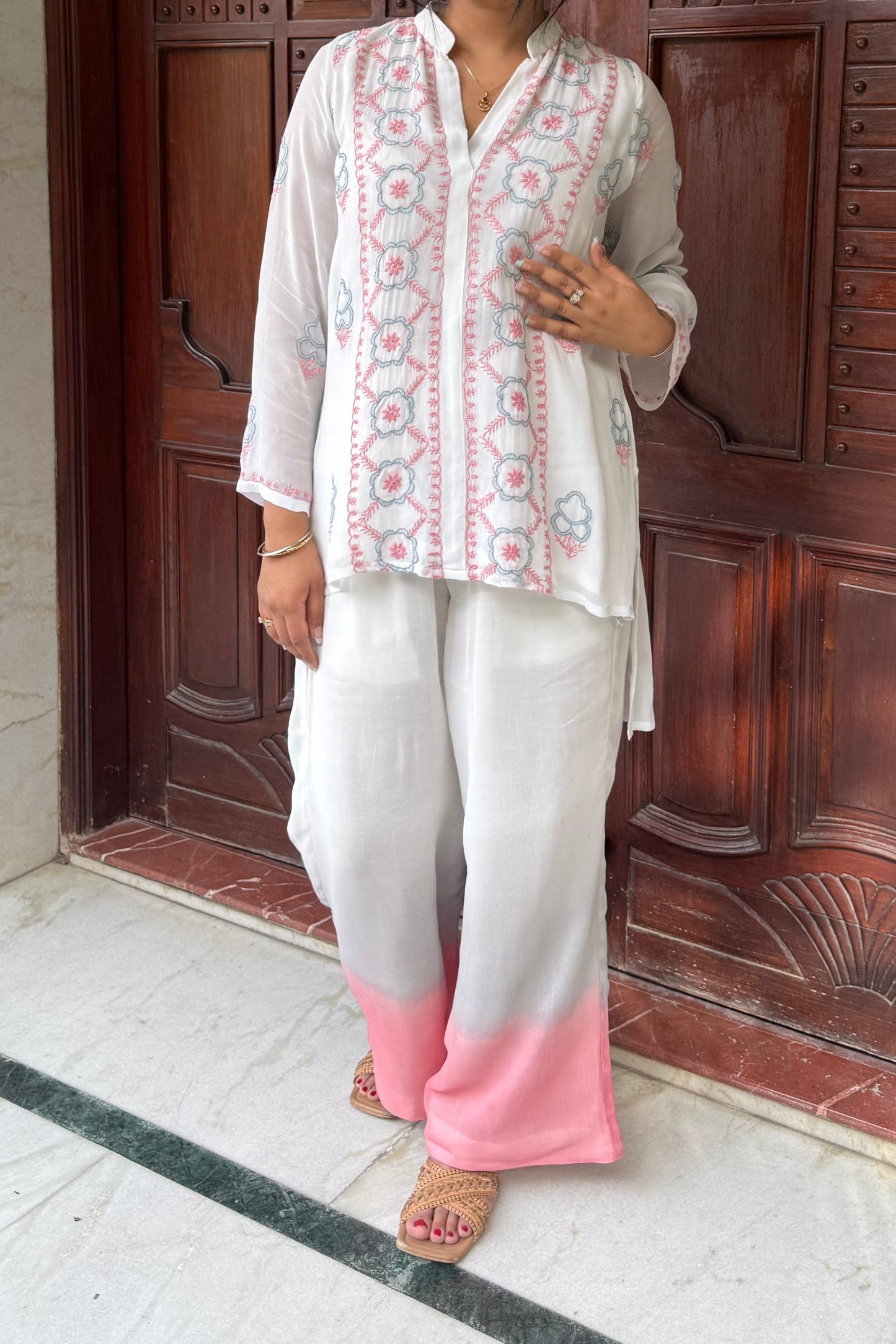 White Chikankari Pink-Grey Embroidered Co-ord Set with Ombre Pants