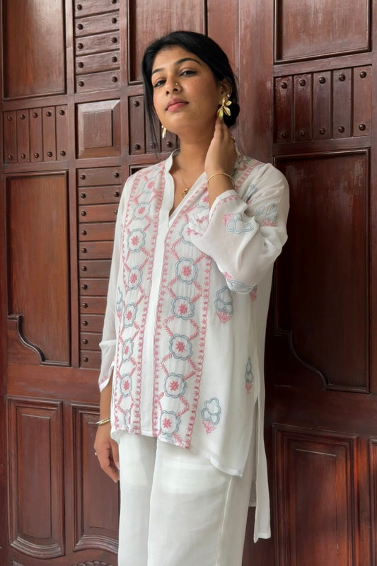 White Chikankari Pink-Grey Embroidered Co-ord Set with Ombre Pants