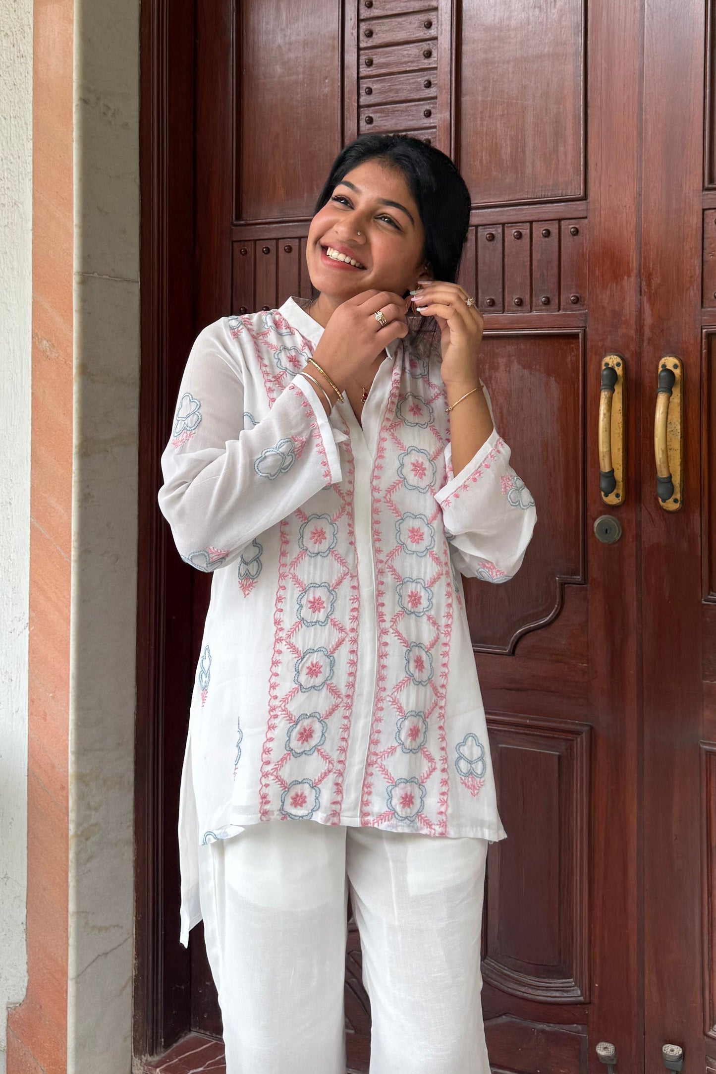 White Chikankari Pink-Grey Embroidered Co-ord Set with Ombre Pants