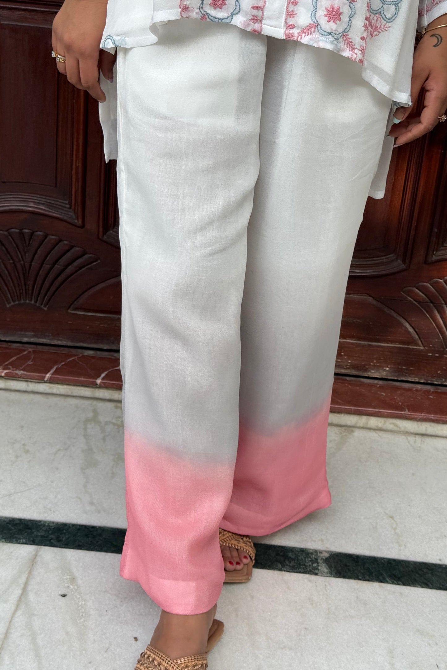 White Chikankari Pink-Grey Embroidered Co-ord Set with Ombre Pants