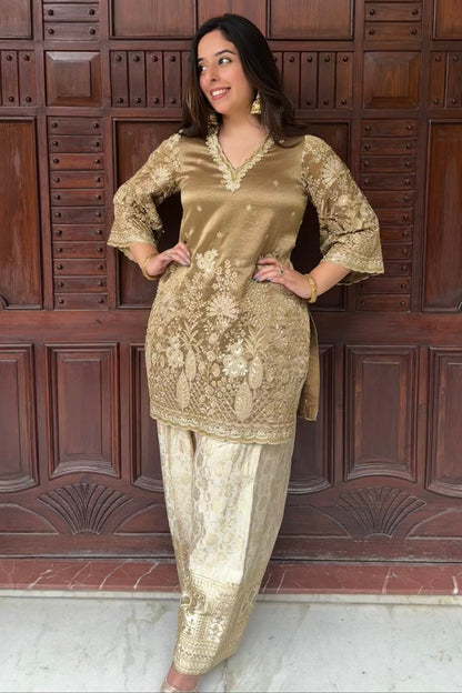 Tissue Embroidered Kurta and Salwar Set