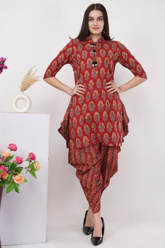 Brick Red Printed Kurta Dhoti Set
