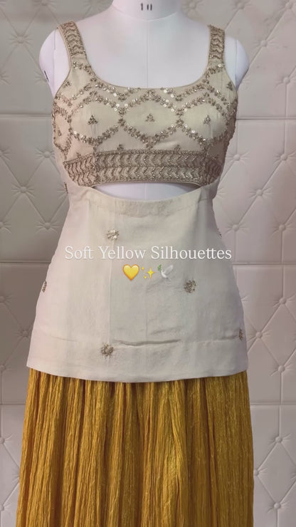 Off-White Tissue Georgette Tunic with Yellow Crushed Tissue Sharara