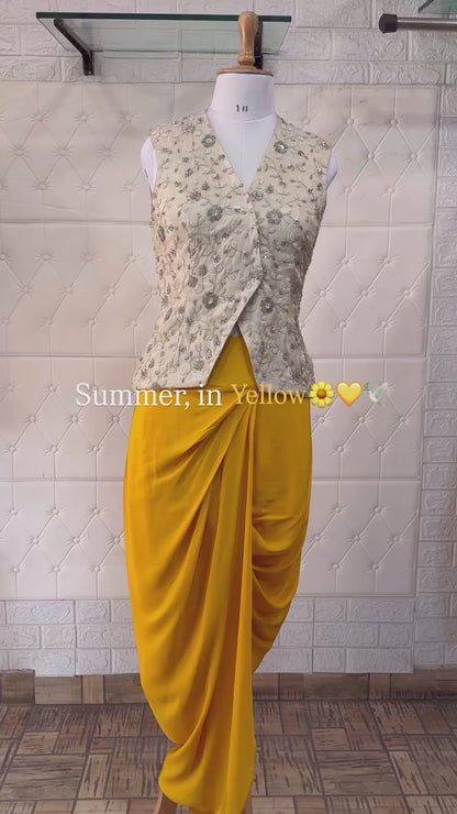 Off-White Tissue Georgette Waistcoat with Yellow Viscose Crepe Skirt